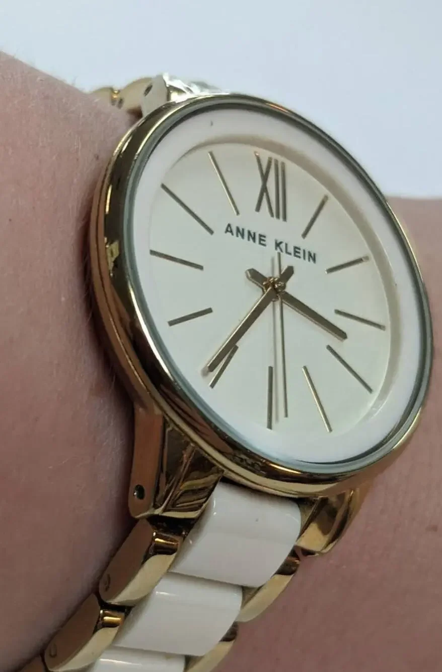 Anne Klein Two Tone White and Golden Sectioned Wrist Watch Roman Numeral